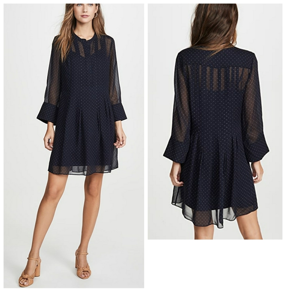 Club Monaco silk Polka-dot pintuck 3/4 sleeve Lined mini dress